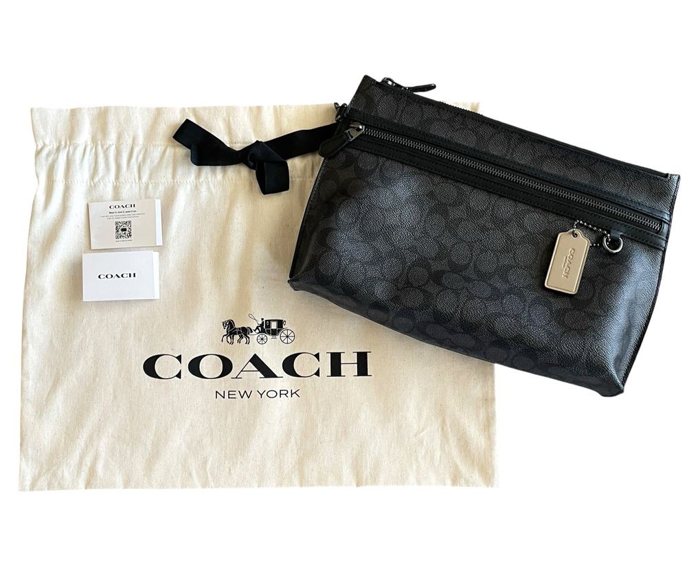 COACH CY985 Charcoal Black Carry All Zip Pouch Signature Canvas + Dust Bag NWOT